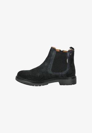 Black suede Chelsea boots featuring elastic side panels, a textured mesh insert, and a durable rubber sole with a pronounced tread.