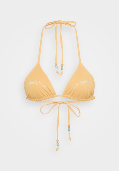 Dzeltena bikini augšdaļa ar triogonālām kausiņām, regulējamiem saišu galiem un krāsainām pērlītēm uz saišu galiem. Iezīmēta ar zīmola logo baltā krāsā.