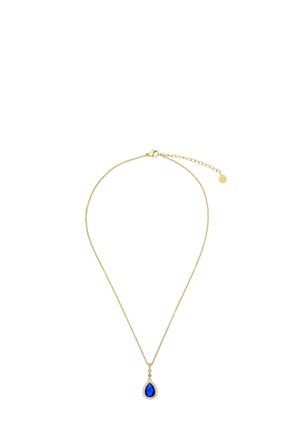 Hieno kultainen ketjukaulakoru, jossa on pisaranmuotoinen syvänsininen jalokiviriipus, jota ympäröivät pienet kirkkaat kivet, säädettävä lukko.