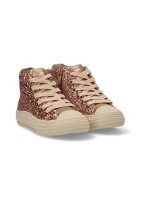 Zapatillas altas con un exterior de brillante purpurina rosa dorada, tela beige y un cierre lateral con cordones a juego y suela de goma.