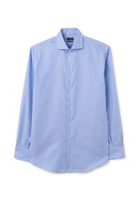 Chemise boutonnée à manches longues bleu clair en tissu lisse, avec un col classique, une patte de boutonnage à l'avant et des poignets standards.