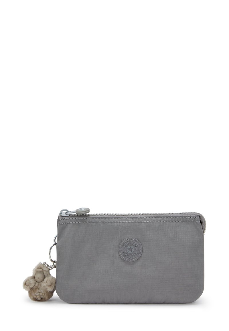 Gray nylon zippered pouch featuring a round logo, textured surface, and a fluffy charm attached to the zipper pull.