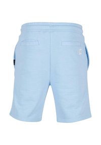 Light blue shorts made from soft fabric, featuring a drawstring waist, two back pockets, and a small logo accent on the back.