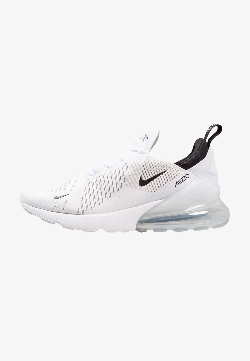 Bílé a černé tenisky Nike Air Max 270 s vrchní částí z průsvitné síťoviny, transparentní vzduchovou bublinu v patě, černou poutkem a černými logy Nike swoosh.