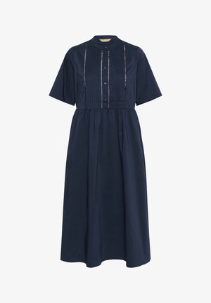 Marineblaues Baumwollkleid mit kurzen Ärmeln, Knopfleiste, Faltenstruktur und knielanger, geraffter Rockpartie.