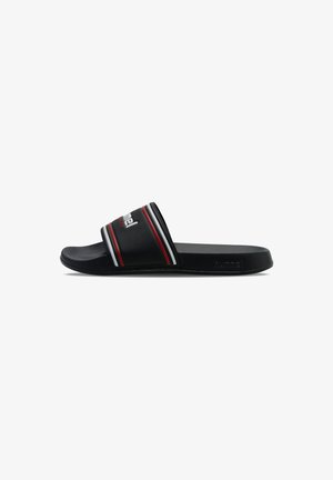 Black slide sandal featuring a wide strap with red and white stripes, textured surface, and a raised logo detail on the strap.