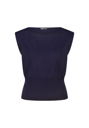 Donkerblauw mouwloos gebreid topje met brede geribbelde tailleband en boothals, met het America Today label binnen in de kraag.