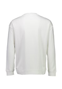 Felpa bianca con scollo rotondo, maniche lunghe e polsini a costine. Tessuto morbido, design minimalista, senza motivi o decorazioni visibili.