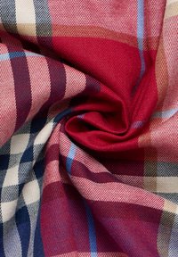 Tessuto a scacchi rosso e blu navy con strisce alternate in crema e blu chiaro. La texture appare liscia e leggermente lucida.