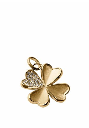 Colgante de trébol de cuatro hojas de oro con tres hojas lisas y una hoja incrustada con pequeñas piedras preciosas transparentes y un lazo superior para sujetar la cadena.