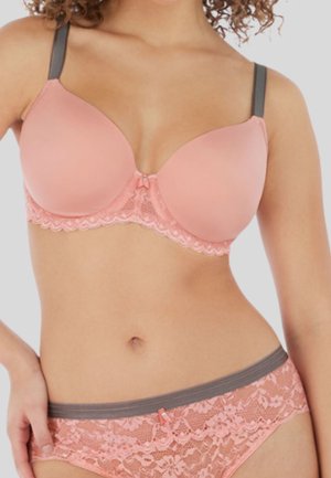 Light pink bra with smooth fabric, lace trim, and gray straps. Matching lace panties with a gray waistband. Both feature decorative accents.