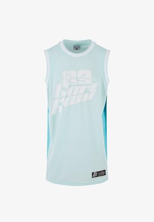 Light blue sleeveless sports top with mesh texture, white accents, and large graphic design on the front. Features a brand label near the hem.