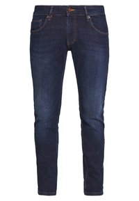 Jeans de mezclilla azul oscuro con un corte ajustado, que presentan un cierre de botón, cinco bolsillos y costuras en contraste, con una textura suave y un ligero desgaste.