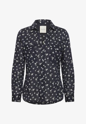 Chemise boutonnée à manches longues bleu marine avec un petit imprimé floral blanc et deux poches poitrine.