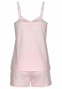 Roze gingham geruite pyjama set met verstelbare banden. Top heeft een relaxte pasvorm, de shorts hebben een scalloped zoom. Zacht katoen materiaal.