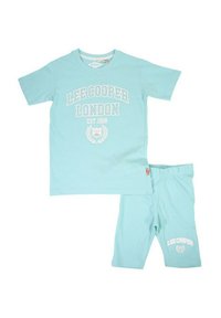 T-shirt turquoise en coton à manches courtes avec inscription blanche "LEE COOPER LONDON EST 1908". Shorts assortis turquoise avec taille élastique.