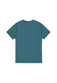 T-košile s krátkým rukávem v teal barvě z bavlny, s kulatým výstřihem a rovnými okraji. Měkká textura, minimalistický design, žádné vzory ani ozdoby.