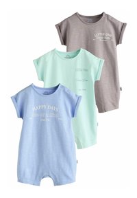 Tre kortärmade babybodys i ljusblått, mintgrönt och grått. Varje bodysuit har tryckt text och tryckknappar på axlarna.