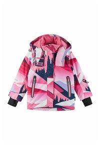 Pink og lilla vinterjakke med geometriske bjergmønstre, frontlynlås og hætte. Har sorte manchetter og en glat, tekstureret finish.