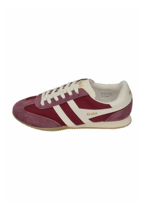 Maroon and white Gola sneaker with suede details, white laces, branded side stripes, and gum sole, viewed from the outer side.