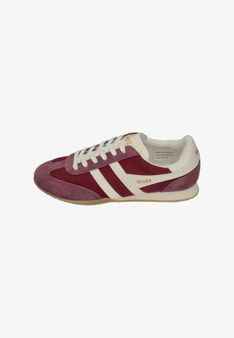 Maroon and white Gola sneaker with suede details, white laces, branded side stripes, and gum sole, viewed from the outer side.