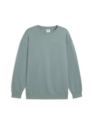 Felpa verde chiaro realizzata in tessuto morbido, con colletto rotondo, spalle cadute e logo ricamato sul lato sinistro del petto.