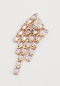Bratara aurie cu pietre rectangulare de culoare violet deschis, aranjate într-un design în cascadă, dotată cu un element de închidere de culoare argintie.