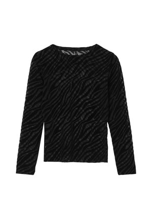 Maglietta nera a maniche lunghe con una texture vellutata, caratterizzata da un sottile motivo a strisce zebrate in diverse tonalità di nero. Scollo rotondo, design aderente.