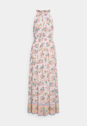 Ærmeløs hvid maxikjole med pink og blå blomsterprint, markeret talje, halterneck og dekorativt mønstret kant ved kanten.