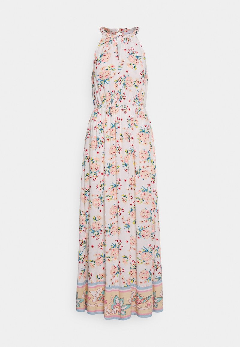 Robe maxi blanche sans manches avec imprimé floral rose et bleu, taille marquée, col halter et bordure décorative à motifs à l'ourlet.