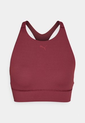 Bordeauxfarbenes Sport-Bra mit glatter Textur, Racerback-Design und dezentem Logo auf der Vorderseite. Verfügt über eine taillierte Passform und ein breites Band am unteren Ende.