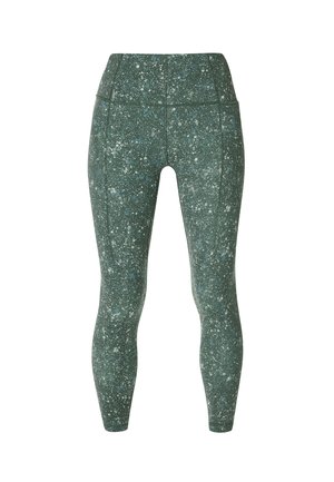 Groene leggings van textuurstof met een spetterpatroon in verschillende tinten blauw en wit, met een hoge tailleband en een aansluitend ontwerp.