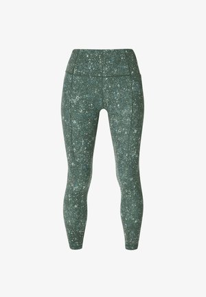 Groene leggings van textuurstof met een spetterpatroon in verschillende tinten blauw en wit, met een hoge tailleband en een aansluitend ontwerp.