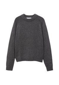 Dunkelgrauer Pullover mit rundem Ausschnitt, gerippten Bündchen und Saum. Strickstruktur mit lockerer Passform und langen Ärmeln.
