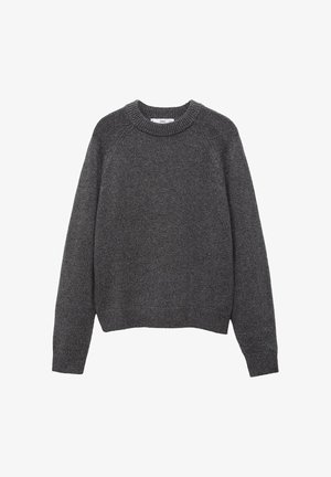 Dark gray sweater with a crew neckline, ribbed cuffs, and hem. Knit texture with a relaxed fit and long sleeves.
