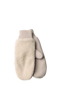 Fleecehandsker med en beige strikket manchet, blød cremefarvet ydre tekstur og en glat inderside. Accenter af kontrastfarvet let materiale.