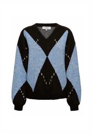 Zwart-blauwe argyle gebreide trui met V-hals en lange mouwen, met kleine beige steekjes in het ruitpatroon.