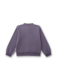 Lila Baumwoll-Sweatshirt mit rundem Halsausschnitt, langen Puffärmeln sowie gerippten Bündchen und Saum. Glatte Textur ohne sichtbare Muster oder Grafiken.