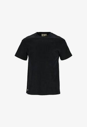 Maglietta nera in cotone con maniche corte, collo rotondo e una piccola etichetta del logo in fondo. Texture liscia, vestibilità classica.