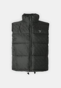 Gilet imbottito nero con collo alto, chiusura con zip e sottile accento logo. Presenta un design trapuntato con una texture liscia e lucida.
