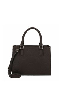 Borsa a mano in pelle marrone scuro con motivi floreali e logo goffrati, doppie maniglie superiori e tracolla removibile.