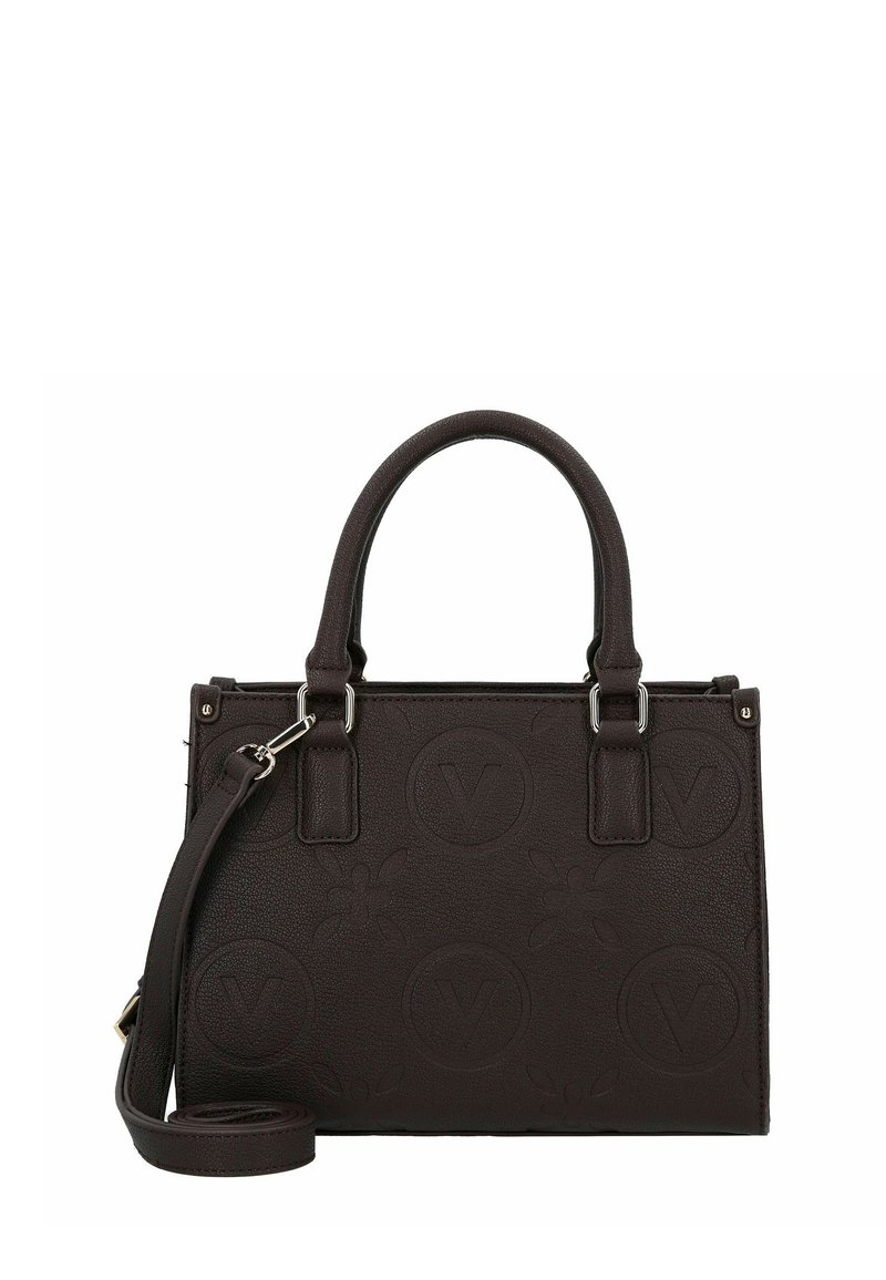 Borsa a mano in pelle marrone scuro con motivi floreali e logo goffrati, doppie maniglie superiori e tracolla removibile.