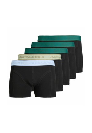 Fünf schwarze Boxershorts mit elastischem Bund in Weiß, Beige und drei Grüntönen, jeweils mit der Marke "JACK & JONES" bedruckt.
