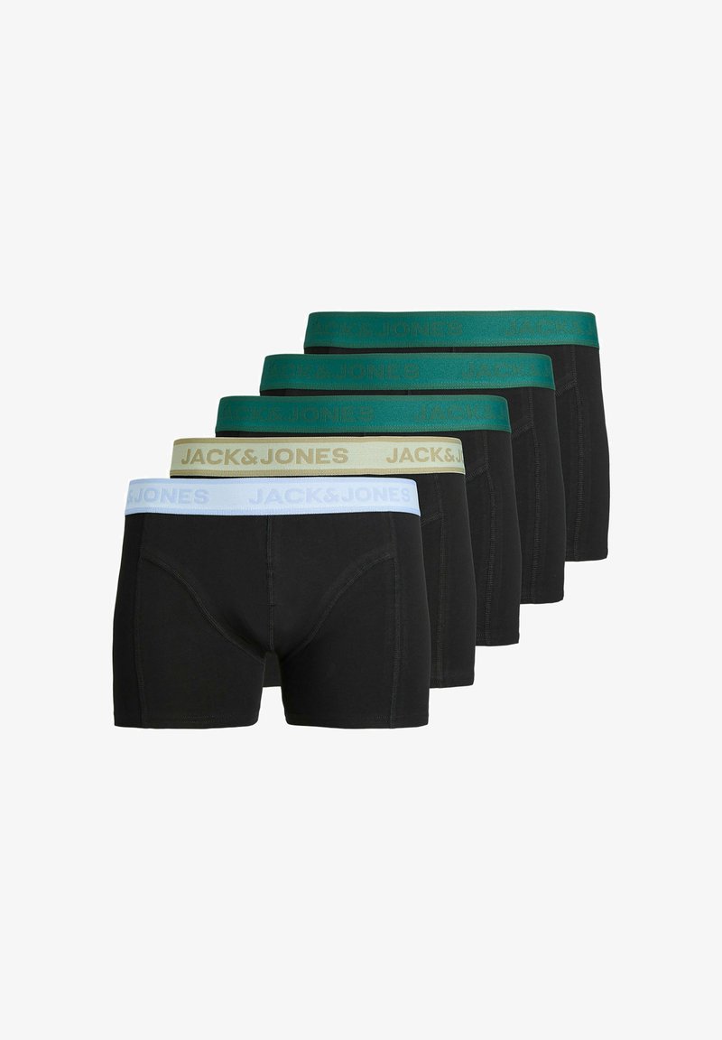 Five black boxer briefs with elastic waistbands in white, beige, and three shades of green, each branded "JACK & JONES."