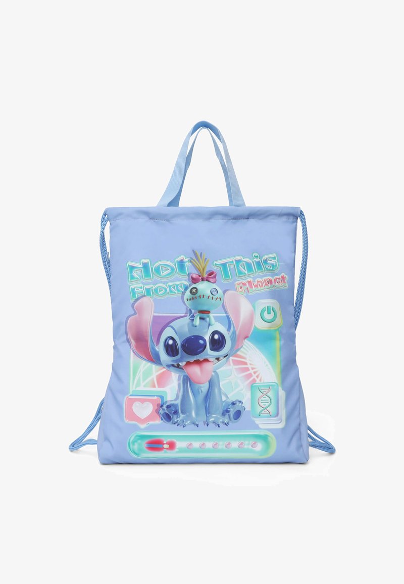 Zaino con cordoncino di colore azzurro chiaro, caratterizzato da una grafica di un personaggio dei cartoni animati con una piccola creatura sulla testa. Include testi e icone colorate.