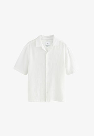 Weißes Kurzarmhemd mit strukturiertem, zerknittertem Design, Kragen und durchgehender Knopfleiste. Hergestellt aus leichtem Stoff.