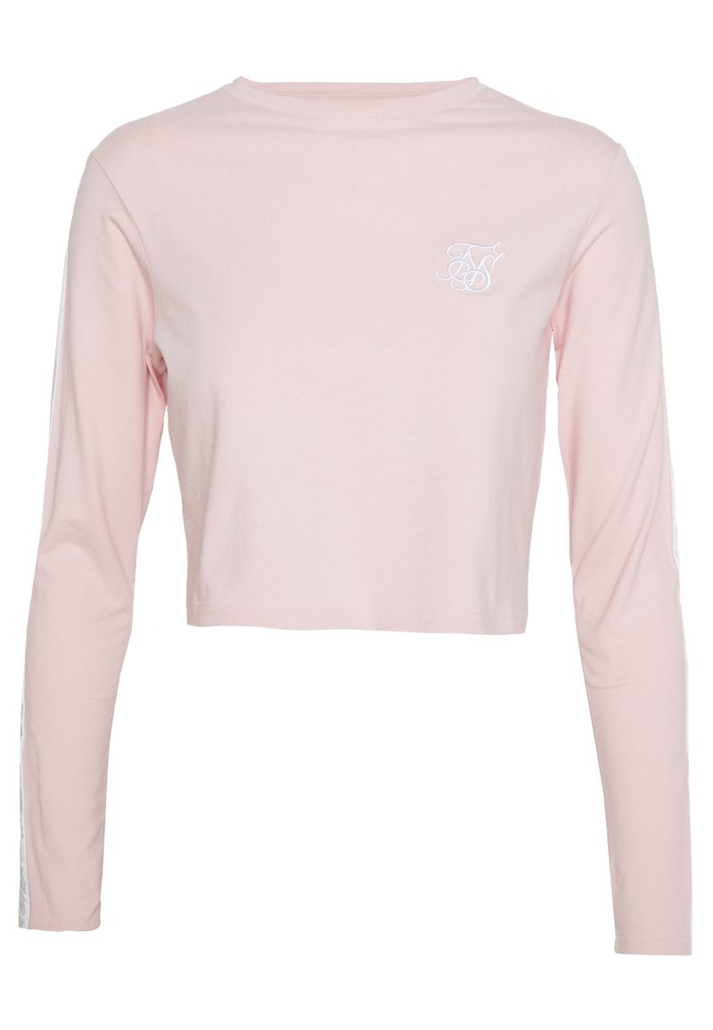 Hellrosa, kurz geschnittenes Langarmshirt mit weißem Logo auf der oberen linken Brust und weißen Streifen, die an beiden Ärmeln herunterlaufen.