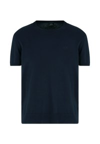 T-shirt en coton bleu marine à manches courtes avec un col rond, texture douce et logo discret sur la poitrine gauche.