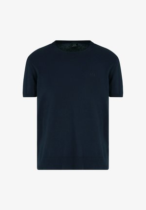 T-shirt di cotone blu navy a maniche corte con scollatura rotonda, texture morbida e dettagli del logo sottili sul lato sinistro del petto.