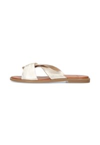 Metallic gold slip-on sandals with cross-straps, flat sole, smooth texture, and brown insole. Minimalist design suitable for casual wear.